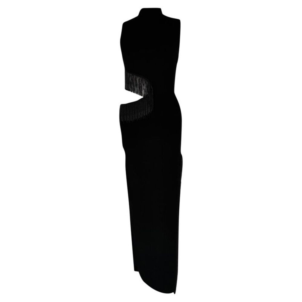 Galvan London Nova Beaded Fringed Cutout Maxi Dress in Black Viscose
